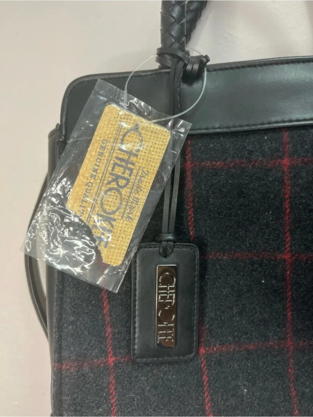 Plaid Wool Top-Handle Tote in Black and Red